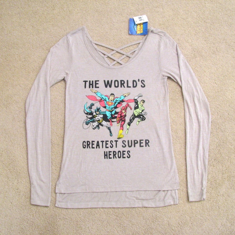 Super Heroes Long Sleeve Graphic Tee Womens Size XS Extra Small Grey Comics